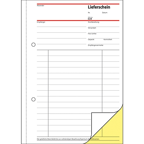 A white delivery note form with a yellow corner. "Lieferschein" is written at the top.