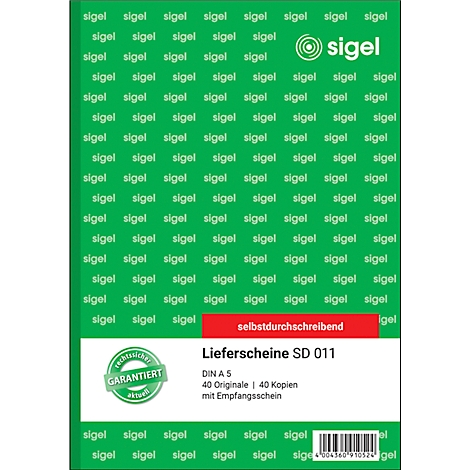 Green Sigel product for delivery notes, text: "self-copying, delivery notes SD 011, DIN A5, 40 originals/40 copies with receipt".
