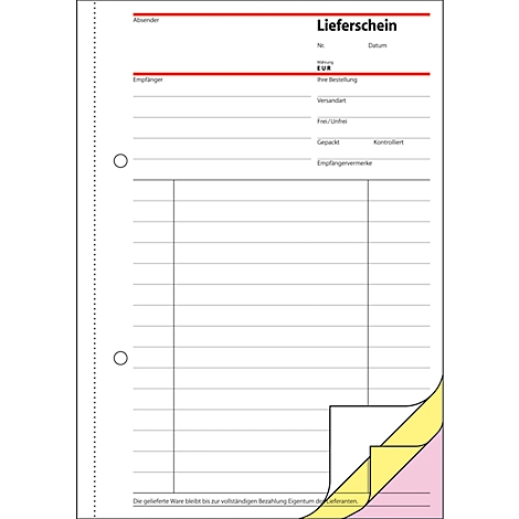 A white delivery note form with red lettering and lines. Colored markings can be seen at the bottom.