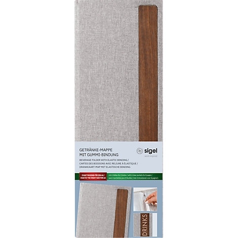 Sigel Dossier boissons GM221, format A4 mi-hauteur, y compris 2 doubles pochettes transparentes pour 8 pages A4, reliure en caoutchouc, bois/PU, marron-gris clair, 1 pièce