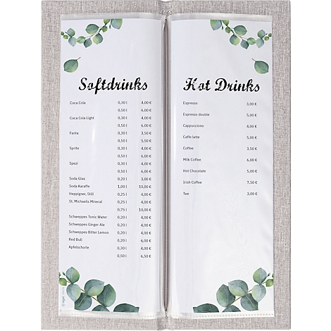 Sigel Dossier boissons GM221, format A4 mi-hauteur, y compris 2 doubles pochettes transparentes pour 8 pages A4, reliure en caoutchouc, bois/PU, marron-gris clair, 1 pièce