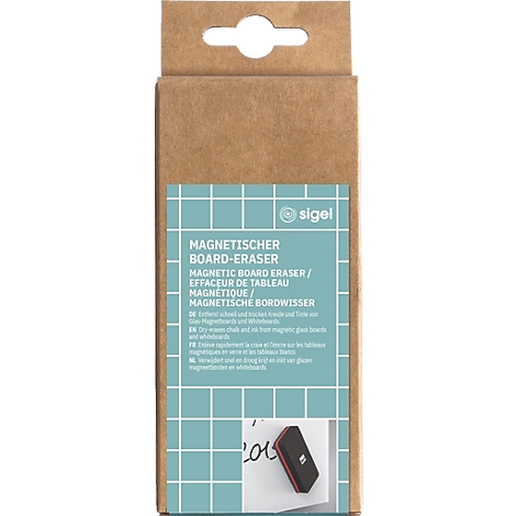 Emballage produit d'une gomme magnétique pour tableau, avec des informations produit en plusieurs langues.
