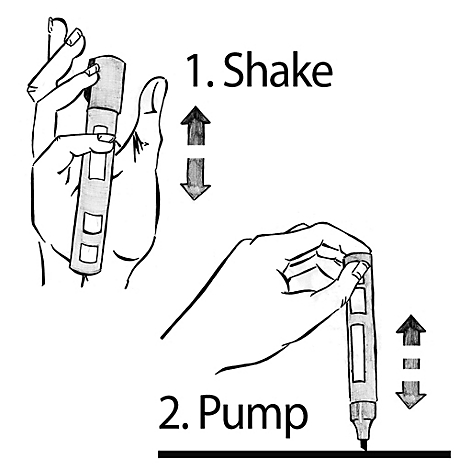 Illustration zeigt, wie man einen Stift benutzt: 1. Schütteln. 2. Pumpen. Pfeile zeigen die Bewegung.