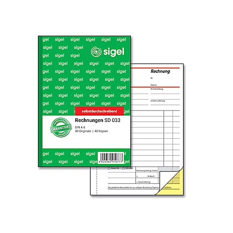 A green block of invoices with white paper and print. To the right, a single invoice. Prints: Sigel, self-copying, SD 033.