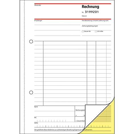 A perforated invoice with text and lines. One corner is colored yellow and folded over.