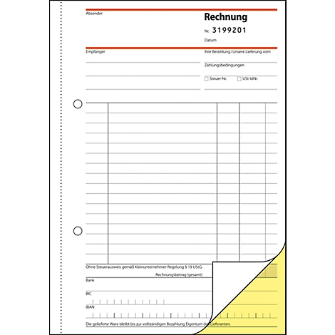 White invoice form with lines and text, lower right corner backed with yellow paper.