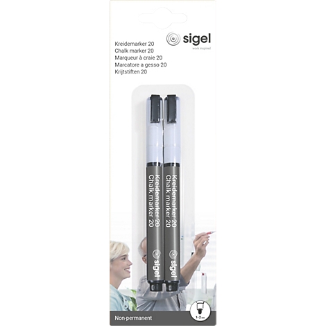 Zwei schwarze Kreidemarker in einer Verpackung. Aufdruck: Kreidemarker 20, Chalk marker 20, sigel Logo.