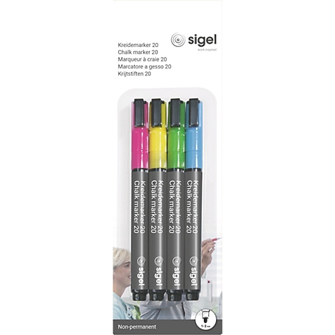 Verpakking met vier krijtstiften in roze, geel, groen en blauw, met zwarte punt, met de inscriptie "Kreidemarker 20".