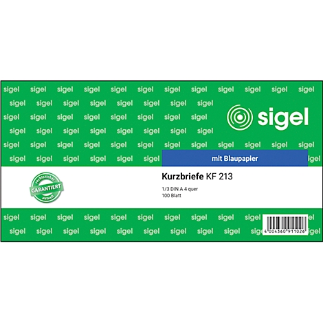 Eine grüne Produktverpackung mit dem Logo 'sigel', blauer Schriftzug 'mit Blaupapier', darunter 'Kurzbriefe KF 213'.