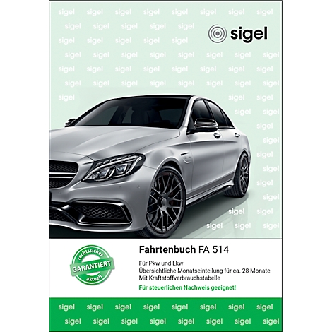 Gray car in front of a green background with a logbook and text on the cover. "Fahrtenbuch FA 514" is written on it.