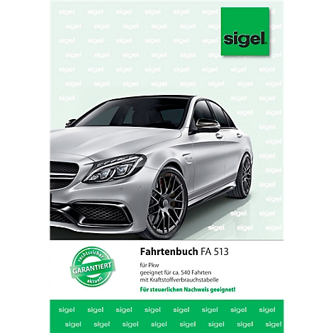 Silver car with black roof and rims in front of a background with the Sigel logo. Title: Fahrtenbuch FA 513.