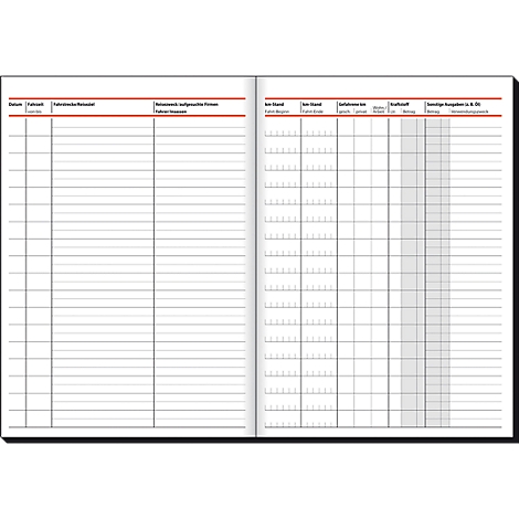 Open book with lined pages, orange headings. Detailed columns for data and notes. Black binding.