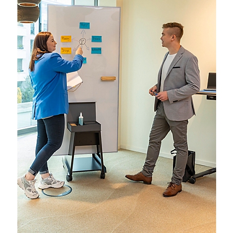 Een vrouw in een blauwe blazer wijst naar een diagram op een whiteboard, een man in een pak kijkt toe.