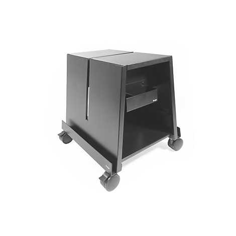 Zwarte rollende mediatorenkast met open schappen en een lade.