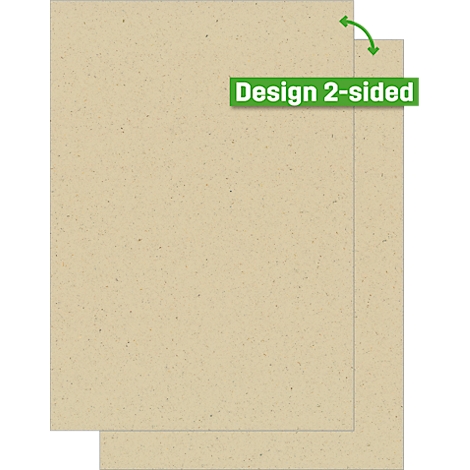 Zwei beige Papierbögen. Auf einem grünen Banner steht "Design 2-sided".