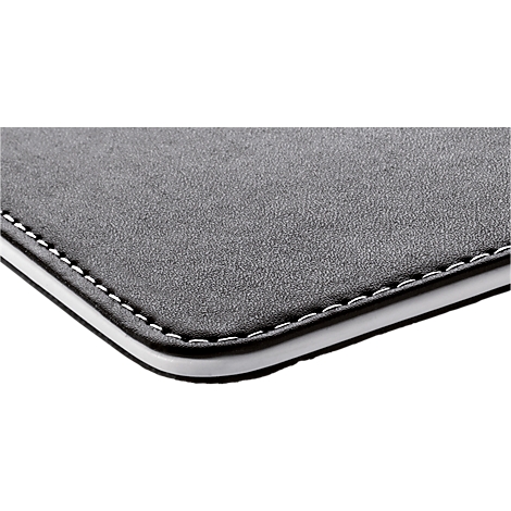 Grey leather detail with white stitching and rounded corner.