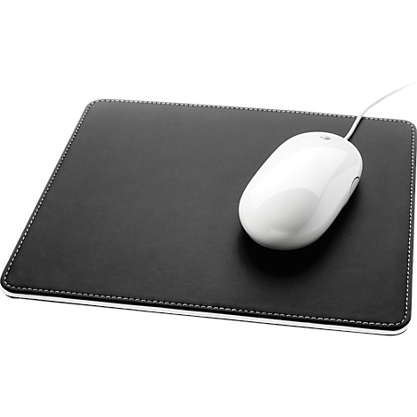 Black mouse pad with white stitching and white mouse.