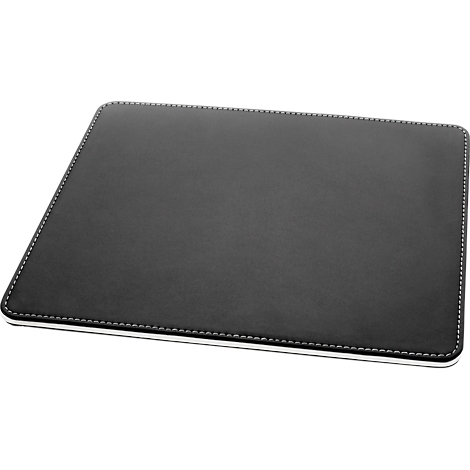 Black leather mousepad with white stitching and white border.