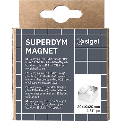 Produktverpackung mit der Aufschrift "Superdym Magnet". Enthält Angaben in mehreren Sprachen.