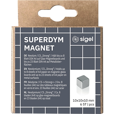 Karton mit quadratischen Magneten. Beschriftung: SuperDym Magnet. Enthält Informationen in Deutsch, Englisch, Französisch und Niederländisch.
