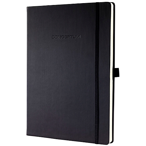 Black notebook with CONCEPTUM lettering, elastic band, and line design.