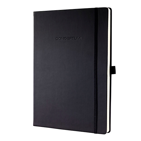 Black notebook with ribbed surface and elastic band. The word "CONCEPTUM" is embossed on the front.