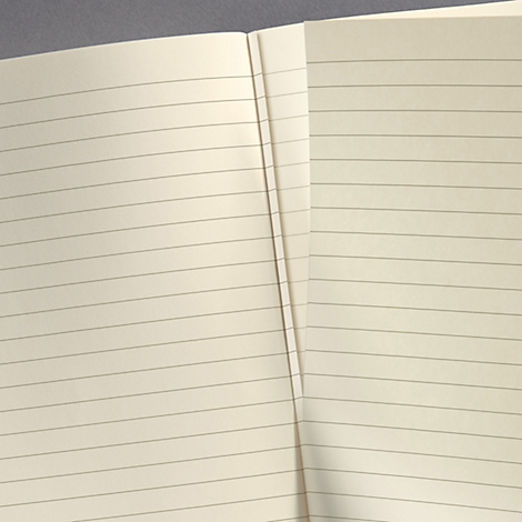Close-up of an open, lined notebook. The pages are cream-colored, the lines dark gray.