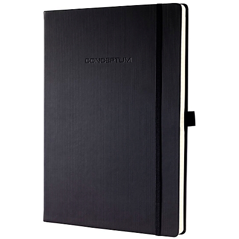 Black notebook with embossed 'Conceptum' lettering and elastic band. Ribbed surface.