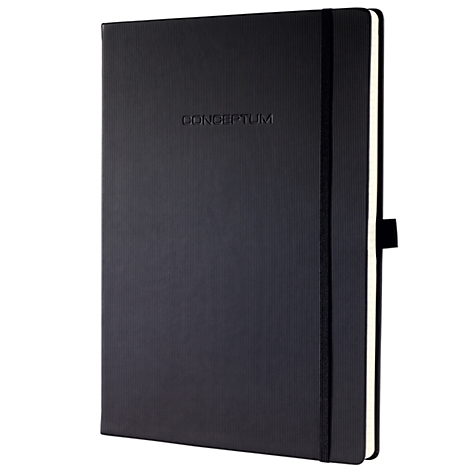 Black notebook with vertical lines and elastic band. Embossed: CONCEPTUM.