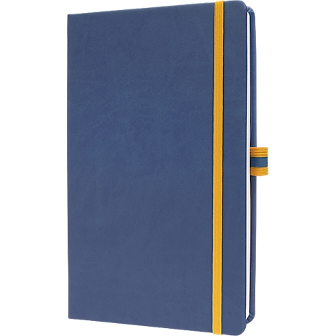 Blue notebook with yellow elastic band and clasp.