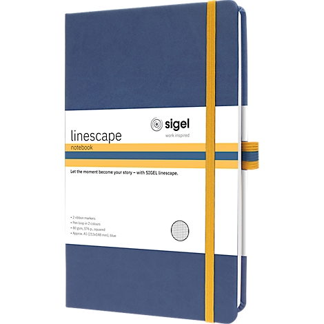Blue notebook with yellow elastic band and Linescape lettering.