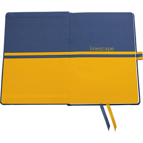 Notebook with blue and yellow color division, the word "linescape" and bookmarks.