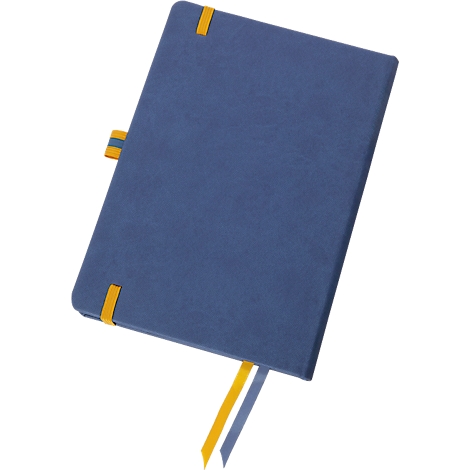 Blue notebook with yellow bands that serve as bookmarks. The book lies diagonally.