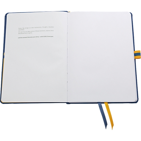 Open notebook with blue cover, white paper, and yellow/blue bookmarks. Left page with text, right page blank.