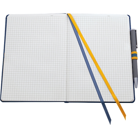 Open checkered notebook with yellow and blue ribbon bookmarks, next to a pen.