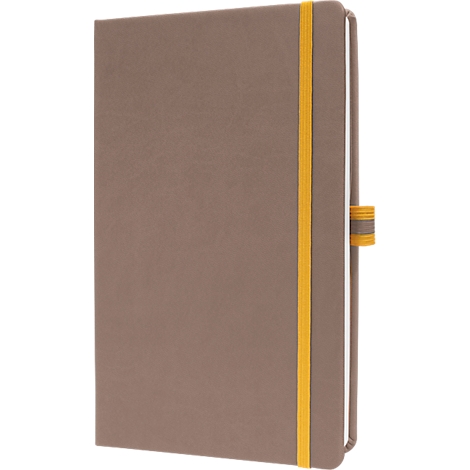 Brown notebook with yellow elastic band and closure, in oblique view.