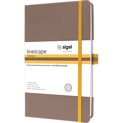 Brown-beige notebook with yellow elastic band. Inscription: Linescape, Sigel.