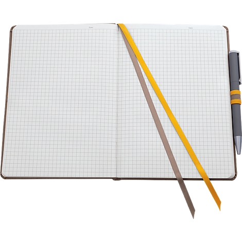 Open checkered notebook with yellow and brown bookmark and a grey pen.