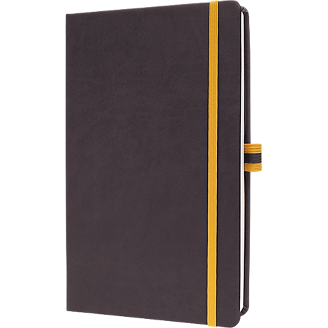 Dark brown notebook with yellow elastic band. The book is closed, with a yellow bookmark and a yellow rubber band.