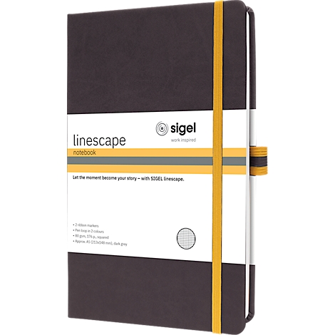 Dark grey notebook with yellow elastic band and white label showing "linescape" and "sigel".