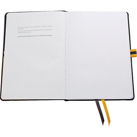 An open notebook with a black cover and white pages, text on the left. Black and yellow bookmark.