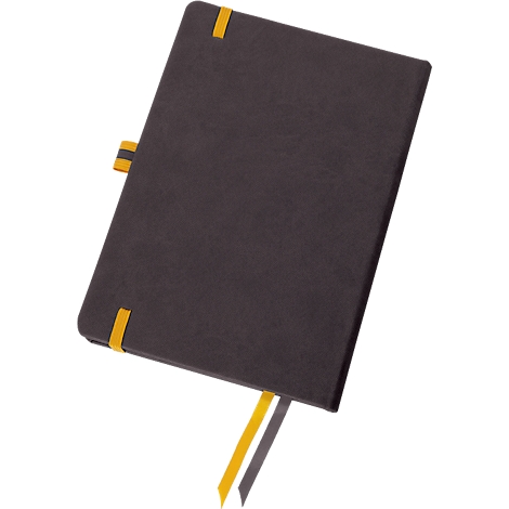Black notebook with yellow bookmarks and closure.