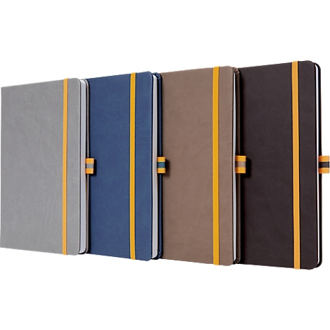 Row of notebooks in gray, blue, brown, and black with yellow elastic bands.