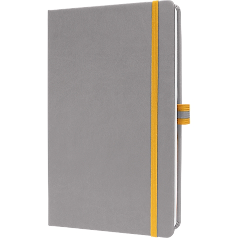 Grey notebook with yellow elastic band. On the right side an elastic band for closing the notebook.