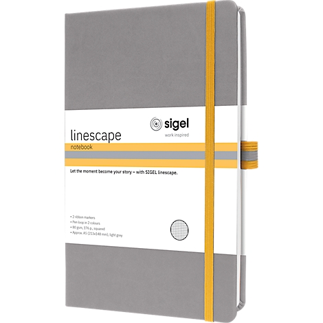Gray notebook with yellow elastic band and white label with the words "linescape".