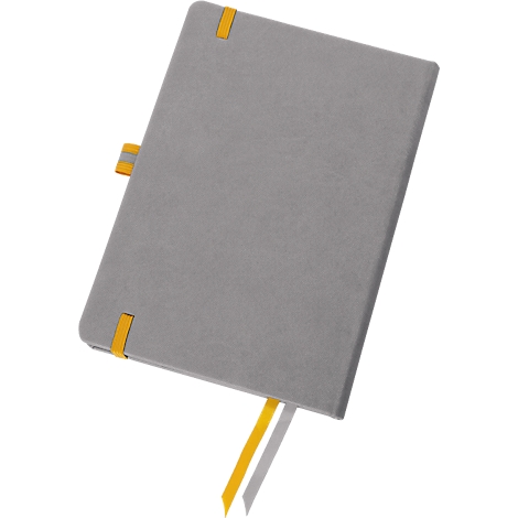 Grey notebook with yellow details. Yellow bookmarks, clasp.