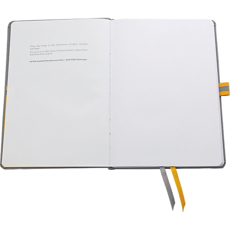 Open notebook with blank pages, grey cover, and yellow bookmarks. Text on the left page.