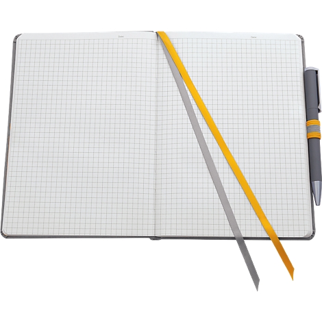 Open, grid-lined notebook with yellow ribbon and pen.