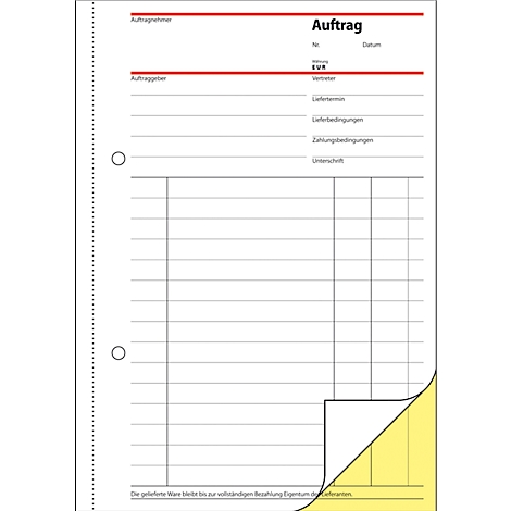 A white sheet with the word "Auftrag" and form fields, corner folded up.