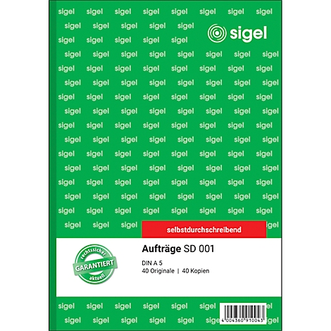 Product image: A green block with the word "sigel" in white font. Below it says "Aufträge SD 001".